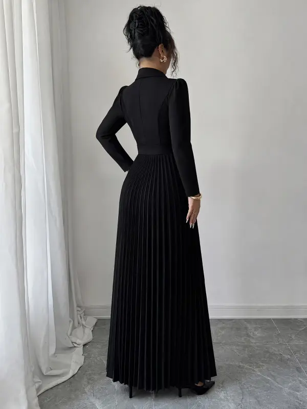 فستان ماكسي نسائي طويل الأكمام بخط عنق بدلة سوداء، مشدود الخصر، مزدوج المظهر، مطوي ومتوهج
