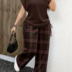 قطعتان طقم ملابس كاجوال بمقاس كبير، بنقشة مربعات متباينة ولون موحد، مناسب لجميع الفصول والربيع والصيف والعطلات