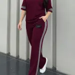 قطعتان طقم تي شيرت وبنطلون طويل للنساء - ياقة دائرية، أكمام قصيرة، ألوان متعددة، بتصميم باتشورك، مريح - LLDX