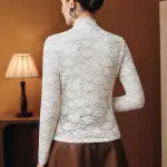تي شيرت نسائي بلون موحد للخريف والشتاء، مزين بالدانتيل والكشكشة، كاجوال/عمل، ياقة عالية، قصة ضيقة