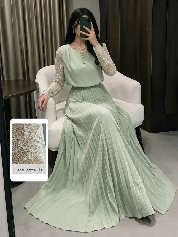 فستان ماكسي نسائي بأكمام طويلة وياقة دائرية وثنيات دانتيل أنيقة بلون سادة لفصلي الخريف/الشتاء، مناسب للتجمعات والمناسبات الرسمية والحفلات والعطلات والتنقل والتسوق والسفر