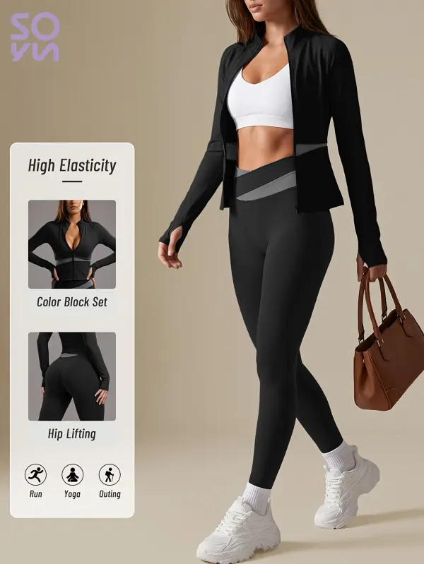 طقم ملابس رياضية نسائية من Soyun مكون من 2 قطعة، جاكيت يوجا مع بنطال طويل بقصة ضيقة، تصميم كارديجان بألوان متباينة، مناسب لليوجا واللياقة البدنية والتنس والجولف، متعدد الاستخدامات للارتداء اليومي، هدية رائعة للعطلات