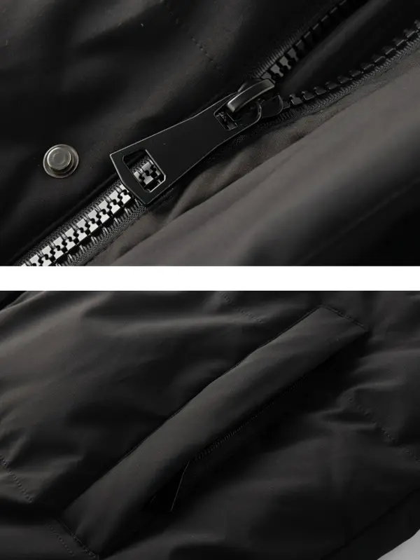 جاكيت رجالي أسود طويل بغطاء رأس من القماش الصناعي السميك على الطراز الأوروبي والأمريكي، جاكيت صناعي عصري كاجوال فوق الركبة للشتاء، ملابس خارجية أساسية للشتاء للاستخدام الخارجي مقاومة للرياح والبرد للتدفئة، بأزرار كبس، بلون موحد، للاستخدام اليومي، بغط