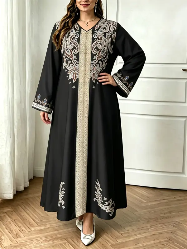 فستان طويل الأكمام فضفاض ومريح للنساء بمقاس كبير، بتصميم عرقي أنيق من الشرق الأوسط لموسم الربيع والخريف، مثالي للتنقل والإجازات (قطعة واحدة)