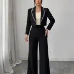 طقم بدلة قصيرة جديدة فاخرة من الخرز للخريف 2026، جاكيت قصير وبنطلون واسع بقصة عالية بتصميم دрапيه، طقم من قطعتين مناسب للمكتب وحفلات الهالوين