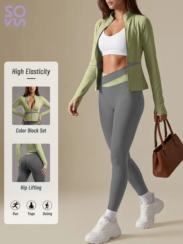 طقم ملابس رياضية نسائية من Soyun مكون من 2 قطعة، جاكيت يوجا مع بنطال طويل بقصة ضيقة، تصميم كارديجان بألوان متباينة، مناسب لليوجا واللياقة البدنية والتنس والجولف، متعدد الاستخدامات للارتداء اليومي، هدية رائعة للعطلات