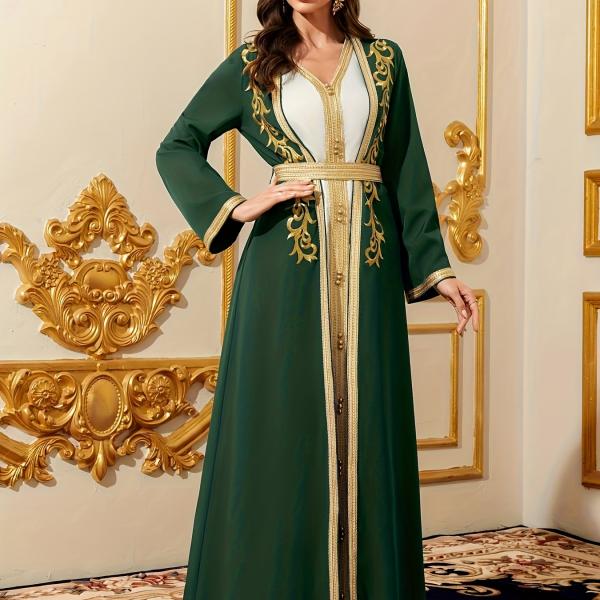 قطعتان طقم رداء نسائي طويل الأكمام برقبة على شكل V بتطريز عرقي ورقعة شريط ذهبي - أسلوب دبي عربي