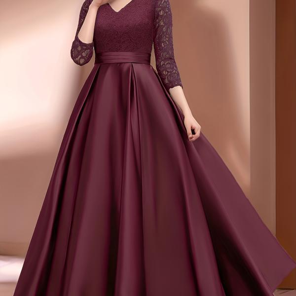 فستان سهرة طويل ضيق بتصميم دانتيل على العنق - مناسب للحفلات والزفاف والحفلات الراقصة والارتداء على مدار السنة | فستان بلون موحد قابل للغسيل الآلي للمناسبات العادية أو الخاصة