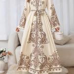 عباية نسائية بأكمام طويلة وطبعة بيزلي مستوحاة من الشرق الأوسط BK0905501، مع حزام قابل للتعديل وقماش قابل للغسل في الغسالة - متعددة الاستخدامات لجميع الفصول