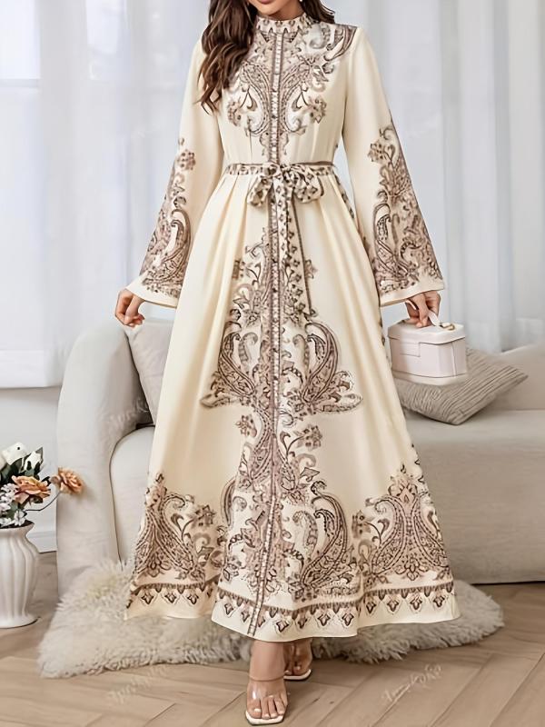 عباية نسائية بأكمام طويلة وطبعة بيزلي مستوحاة من الشرق الأوسط BK0905501، مع حزام قابل للتعديل وقماش قابل للغسل في الغسالة - متعددة الاستخدامات لجميع الفصول
