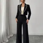 طقم بدلة قصيرة جديدة فاخرة من الخرز للخريف 2026، جاكيت قصير وبنطلون واسع بقصة عالية بتصميم دрапيه، طقم من قطعتين مناسب للمكتب وحفلات الهالوين