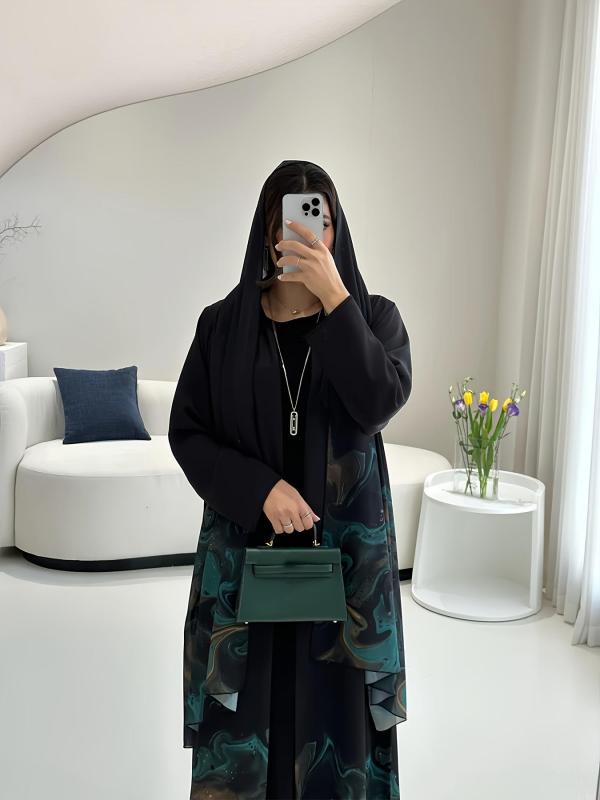 زي نسائي سعودي مسلم تقليدي، وصول جديد للربيع/الخريف في الشرق الأوسط، فضفاض، مناسب للمهرجانات والحفلات، ثوب مفتوح من الأمام، رمضان، عيد الفطر، عيد الأضحى، بلوزة أنيقة بأكمام طويلة، بنمط عرقي، بطبعة زهور، مع حجاب 2 [صيف الوحل]