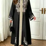 فستان طويل الأكمام فضفاض ومريح للنساء بمقاس كبير، بتصميم عرقي أنيق من الشرق الأوسط لموسم الربيع والخريف، مثالي للتنقل والإجازات (قطعة واحدة)
