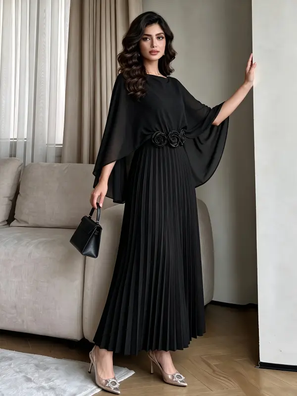 فستان شيفون أسود جديد لخريف 2026، بأكمام رداء سترة واسعة على شكل رأس حلزوني، ولمسة وردة ثلاثية الأبعاد عند الخصر، وتنورة كاملة مطوية، بقصة مُظهرة للجسم، فستان أنيق للنساء، مناسب لحفلات الهالوين والمآدب وحفلات الزفاف وحفلات الضيافة والتجمعات الرسمية