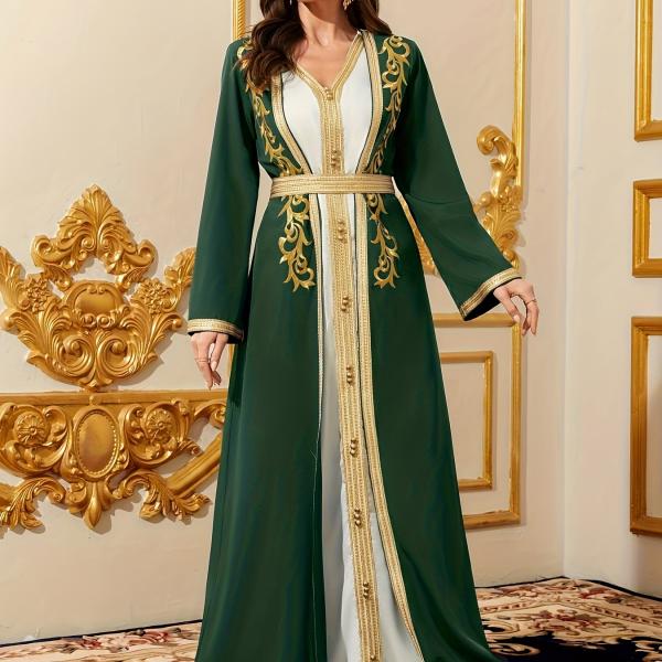 قطعتان طقم رداء نسائي طويل الأكمام برقبة على شكل V بتطريز عرقي ورقعة شريط ذهبي - أسلوب دبي عربي