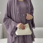 قطعتان طقم فستان روب بتطريز دانتيل وتشكيلة قماش أنيق للنساء لموسم الربيع والصيف بمقاس أكبر للقصة العادية
