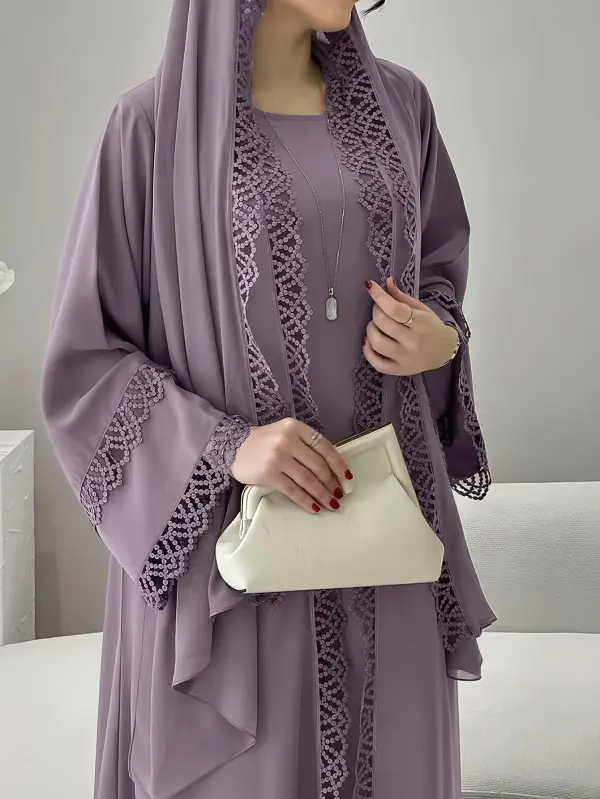 قطعتان طقم فستان روب بتطريز دانتيل وتشكيلة قماش أنيق للنساء لموسم الربيع والصيف بمقاس أكبر للقصة العادية
