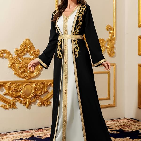 قطعتان طقم رداء نسائي طويل الأكمام برقبة على شكل V بتطريز عرقي ورقعة شريط ذهبي - أسلوب دبي عربي
