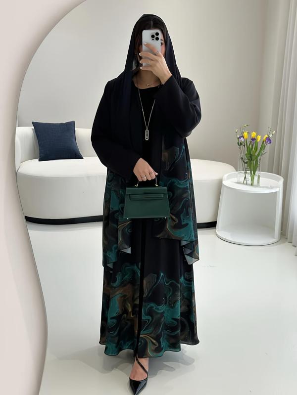 زي نسائي سعودي مسلم تقليدي، وصول جديد للربيع/الخريف في الشرق الأوسط، فضفاض، مناسب للمهرجانات والحفلات، ثوب مفتوح من الأمام، رمضان، عيد الفطر، عيد الأضحى، بلوزة أنيقة بأكمام طويلة، بنمط عرقي، بطبعة زهور، مع حجاب 2 [صيف الوحل]