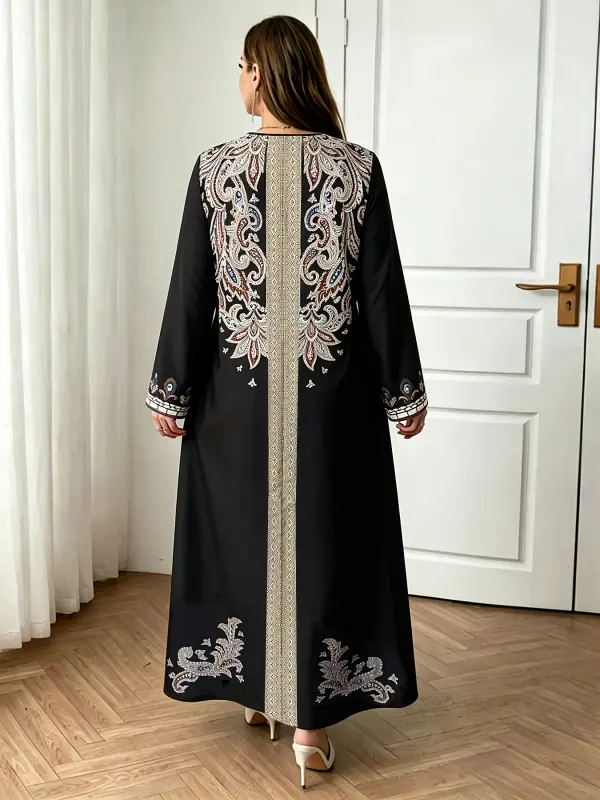 فستان طويل الأكمام فضفاض ومريح للنساء بمقاس كبير، بتصميم عرقي أنيق من الشرق الأوسط لموسم الربيع والخريف، مثالي للتنقل والإجازات (قطعة واحدة)