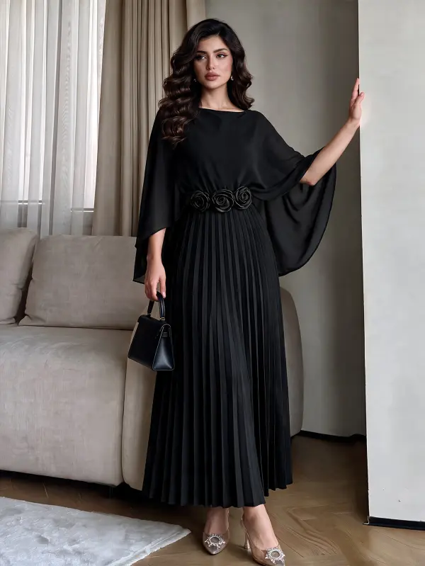 فستان شيفون أسود جديد لخريف 2026، بأكمام رداء سترة واسعة على شكل رأس حلزوني، ولمسة وردة ثلاثية الأبعاد عند الخصر، وتنورة كاملة مطوية، بقصة مُظهرة للجسم، فستان أنيق للنساء، مناسب لحفلات الهالوين والمآدب وحفلات الزفاف وحفلات الضيافة والتجمعات الرسمية