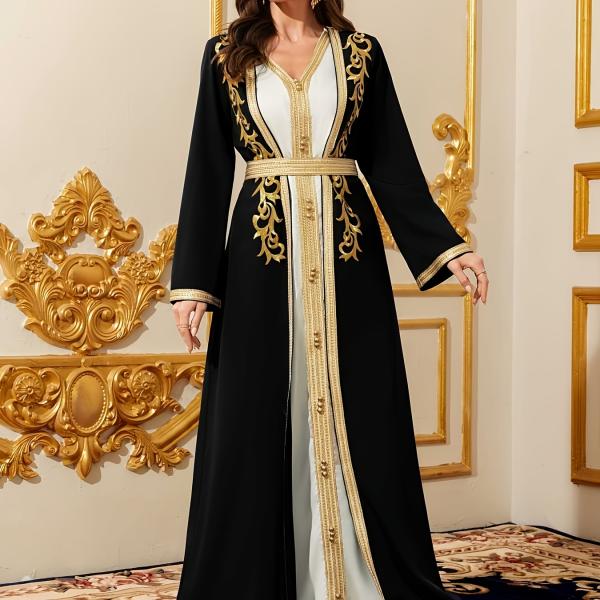 قطعتان طقم رداء نسائي طويل الأكمام برقبة على شكل V بتطريز عرقي ورقعة شريط ذهبي - أسلوب دبي عربي