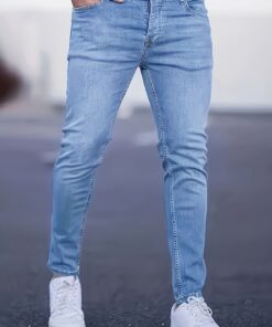 بنطلون جينز رجالي أزرق ممزق ومغسول بتصميم ضيق - بنطلون أزرق ضيق ومدبب للأناقة اليومية والرسمية، راحة على مدار العام، قابل للغسل اليدوي (موضة الرجال البالغين) - أناقة يومية متعددة الاستخدامات، لون أزرق صلب مع تصميم كلاسيكي بخمس جيوب، مظهر مريح ومصمم، مناسب لجميع الفصول، مثالي للخروجات اليومية والمناسبات شبه الرسمية