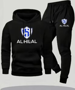 طقم رجالي بغطاء للرأس وسويت شيرت وبنطلون رياضي - طقم كاجوال رياضي بتصميم "AL HILAL"، وقصة عادية، ومجموعة الربيع/الخريف، ومريح وأنيق، |طقم كاجوال رياضي|طقم سويت شيرت وبنطلون رياضي