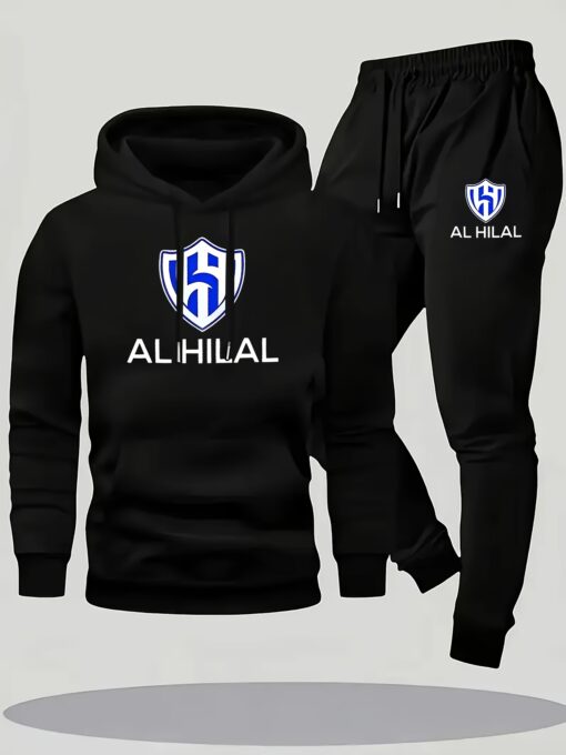 طقم رجالي بغطاء للرأس وسويت شيرت وبنطلون رياضي - طقم كاجوال رياضي بتصميم "AL HILAL"، وقصة عادية، ومجموعة الربيع/الخريف، ومريح وأنيق، |طقم كاجوال رياضي|طقم سويت شيرت وبنطلون رياضي