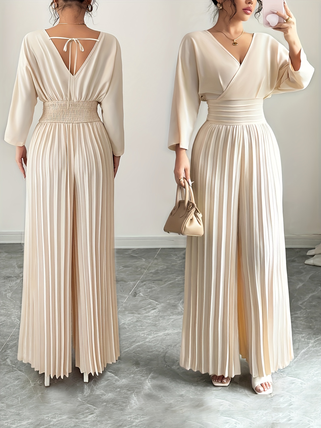 بدلة نسائية أنيقة بلون البيج برقبة على شكل V وساق واسعة - أكمام خفاشية مقاومة للتجاعيد وإغلاق ربطة خلفية - بدلة بنطلون أنيقة للأعراس والحفلات والأعمال - ملابس لفصول الربيع والصيف والخريف (بدون مرونة، تصميم مخصص), فساتين ضيوف الزفاف للنساء, فساتين للنساء أنيقة وفاخرة, فساتين ضيوف الزفاف للنساء, فساتين للنساء لضيوف الزفاف, فساتين الحفلات للنساء, فساتين أنيقة للنساء بأناقة, بذلة نسائية أنيقة وكلاسيكية, فساتين رسمية للنساء, أزياء ضيوف الزفاف للنساء, فساتين سهرة أنيقة للنساء,