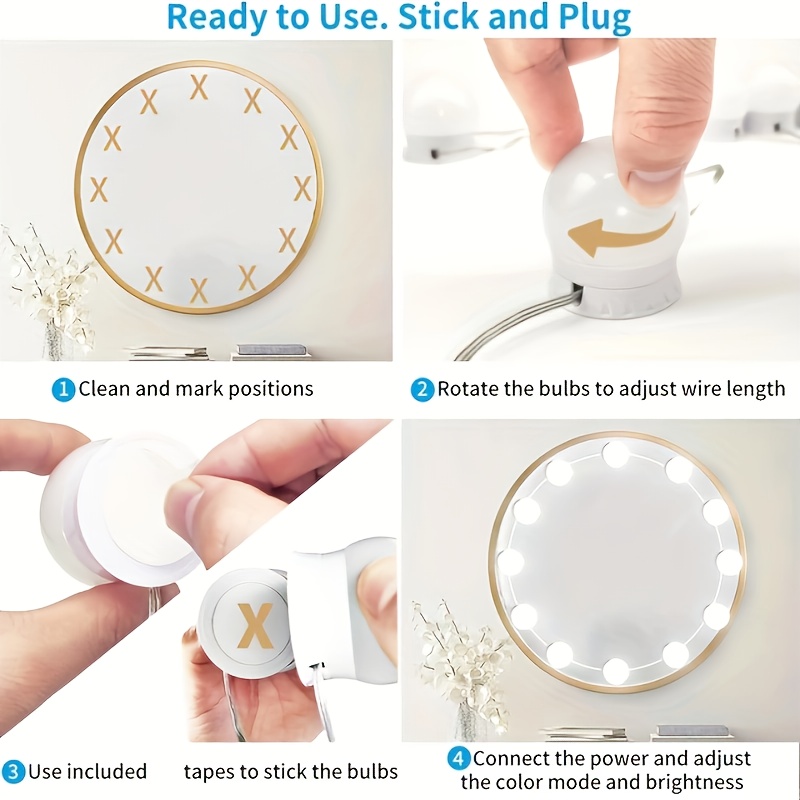 مصباح تجميل LED للمرايا، مع 10 مصابيح قابلة للتعديل، 3000K 4000K 6500K و 10 مستويات لتعديل السطوع، كابل USB، ضوء مرآة هوليوود جيد لغرفة تغيير المكياج والحمام، ضوء حمام، ضوء مرآة للمكياج، ضوء تجميل، مرآة LED، ضوء طاولة الزينة، ضوء مرآة LED، ضوء حائط - الصورة 11