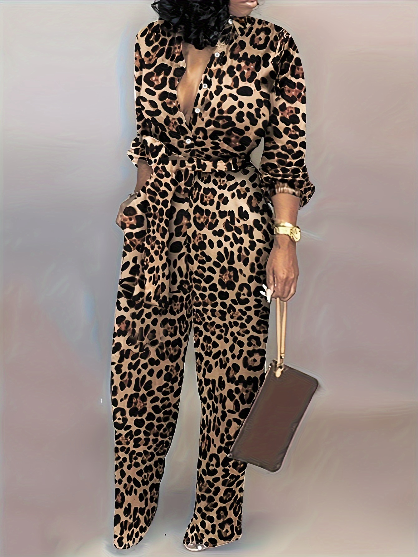 بدلة نسائية بتصميم جلد النمر مع حزام - أكمام طويلة، ياقة مدورة، بنطلون واسع الساقين، تصميم بطبعة حيوانية باللونين الأسود والأبيض، مثالية لفصل الربيع/الخريف، بدلة جلد النمر
