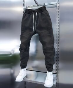 جينز عمل للرجال بأصفاد مطاطية وخيوط ربط باللون الأزرق الفاتح، سراويل هاريم فضفاضة للموضة النسائية/ الصيف