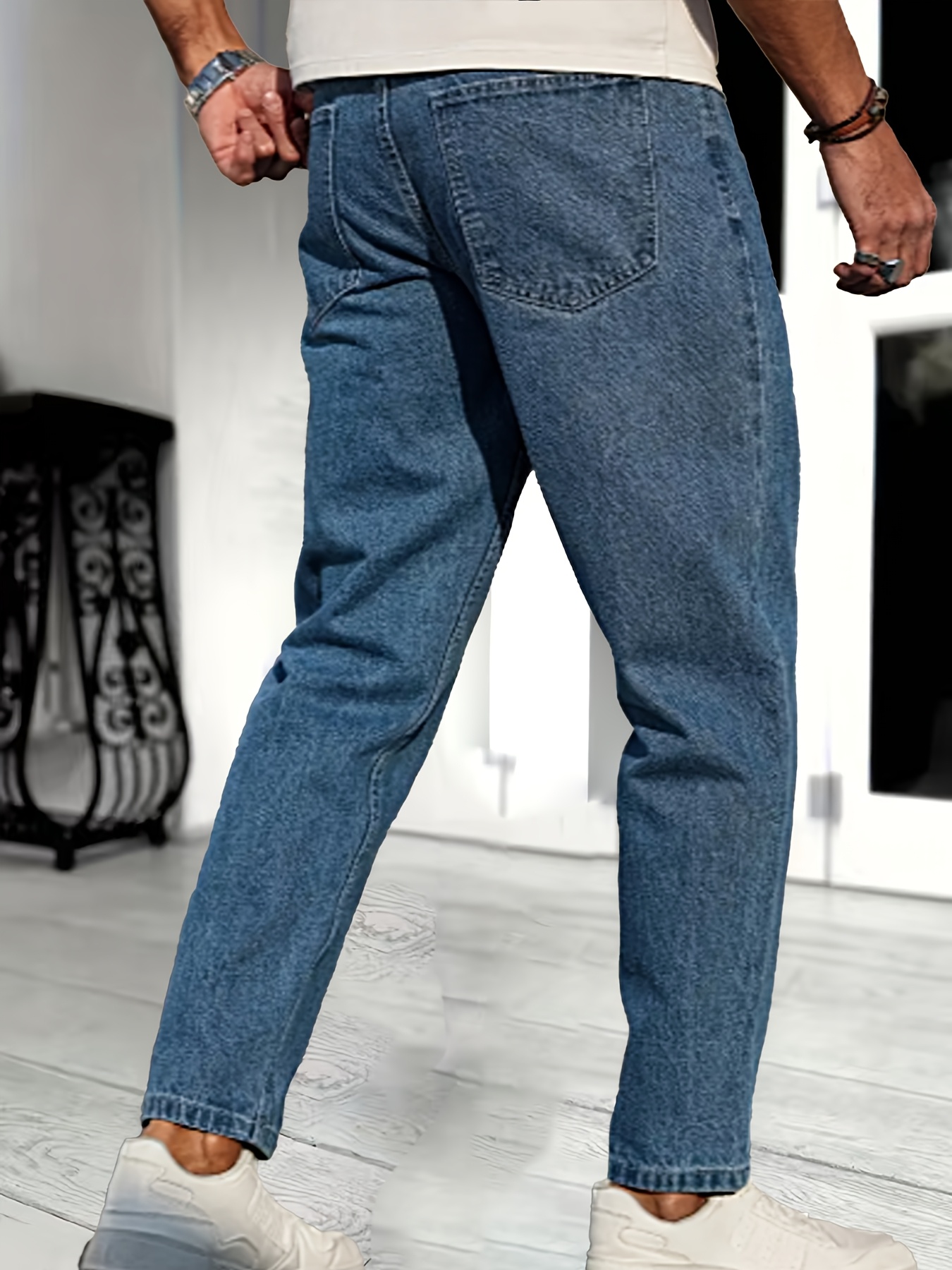 بنطلون جينز رجالي مطاطي - بنطلون دينيم أزرق غسيل مع خصر مرن وساق مدببة، لجميع الفصول، مقاوم للتجاعيد، بنطلون كاجوال أنيق ومناسب للملابس اليومية (قابل للغسل في الغسالة، تصميم كلاسيكي)