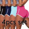 4 قطع شورت نسائي بخصر عالٍ وقابل للتمدد - شورت غير قابل للانزلاق مع حزام خصر مرن، شورت متعدد الألوان للراحة والاسترخاء - قماش غير شفاف (/أزرق مخضر/ وردي/) - شورت رياضي وعصري مناسب لجميع الفصول، ملابس، تصميم مكشكش، ملمس ناعم