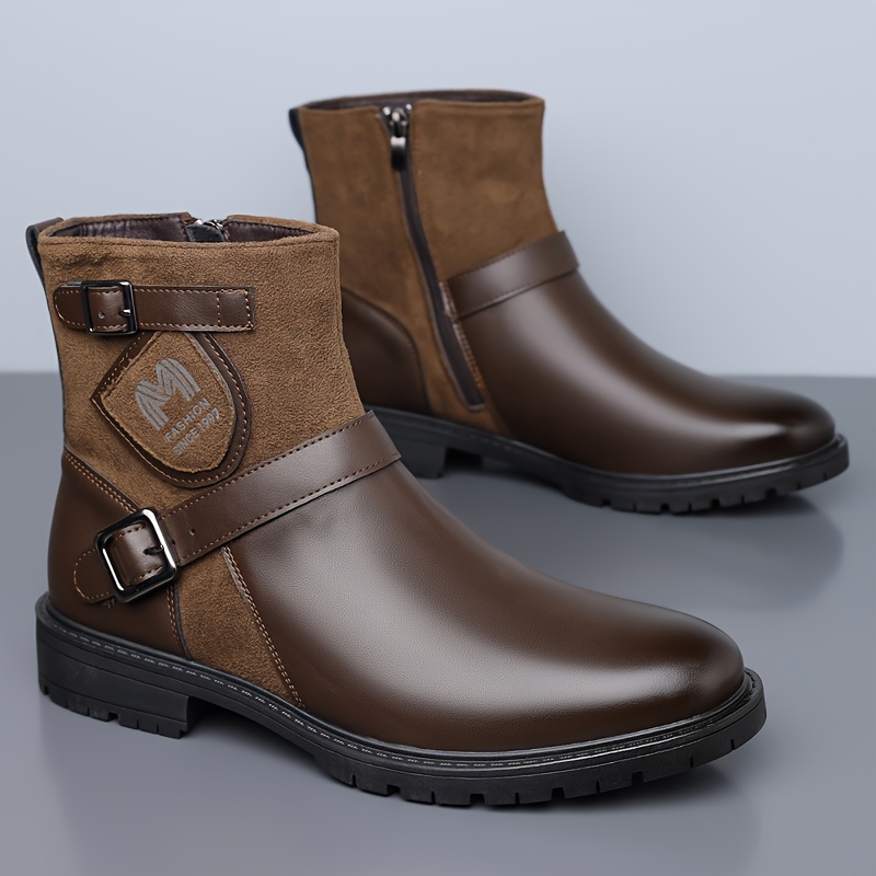 أحذية رجالية أنيقة متوسطة الساق - بني، مريحة ومتينة مع نعل مطاطي مانع للانزلاق، مقدمة مستديرة، إغلاق بسحاب، مثالية للارتداء اليومي والخارجي، للاستخدام في جميع الفصول، أحذية كاجوال | أحذية متوسطة الساق أنيقة | نعل مطاطي متين، حذاء رجالي
