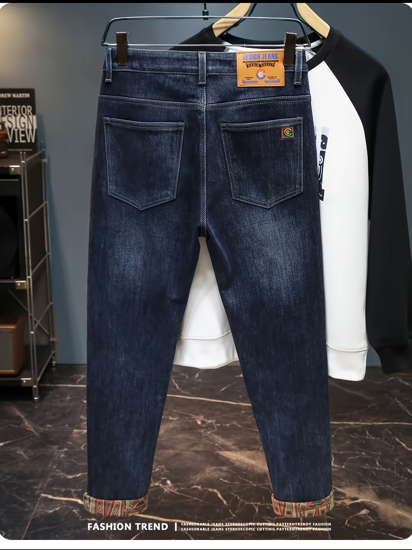 بنطلون جينز رجالي ضيق مستقيم الساق - بنطلون مغسول متين بجيوب وحلقات حزام، مناسب لجميع الفصول للأناقة العملية والكاجوال، بنطلون أزرق كلاسيكي (قابل للغسيل بالماكينة) للمناسبات الاجتماعية أو اليومية