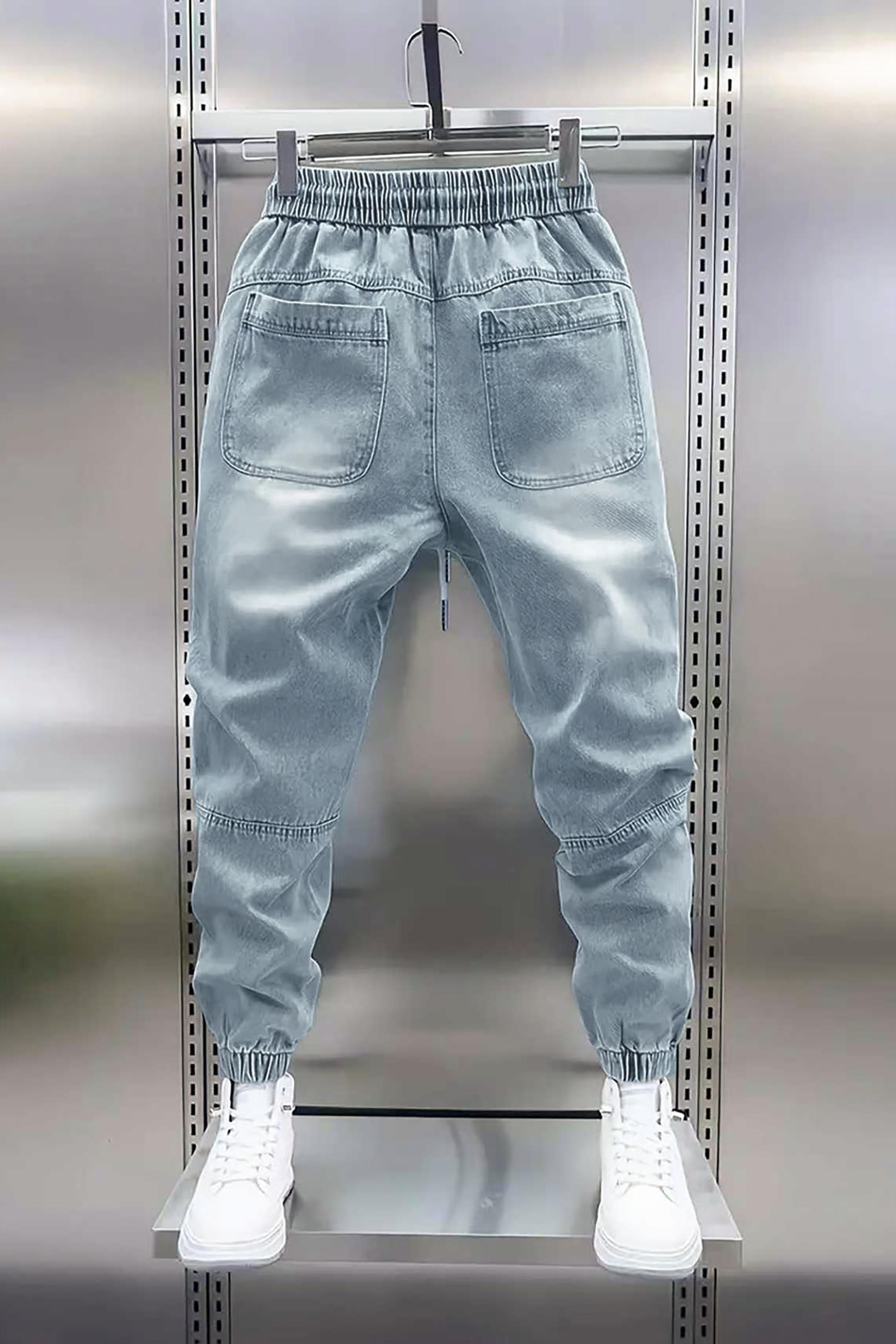 جينز عمل للرجال بأصفاد مطاطية وخيوط ربط باللون الأزرق الفاتح، سراويل هاريم فضفاضة للموضة النسائية/ الصيف