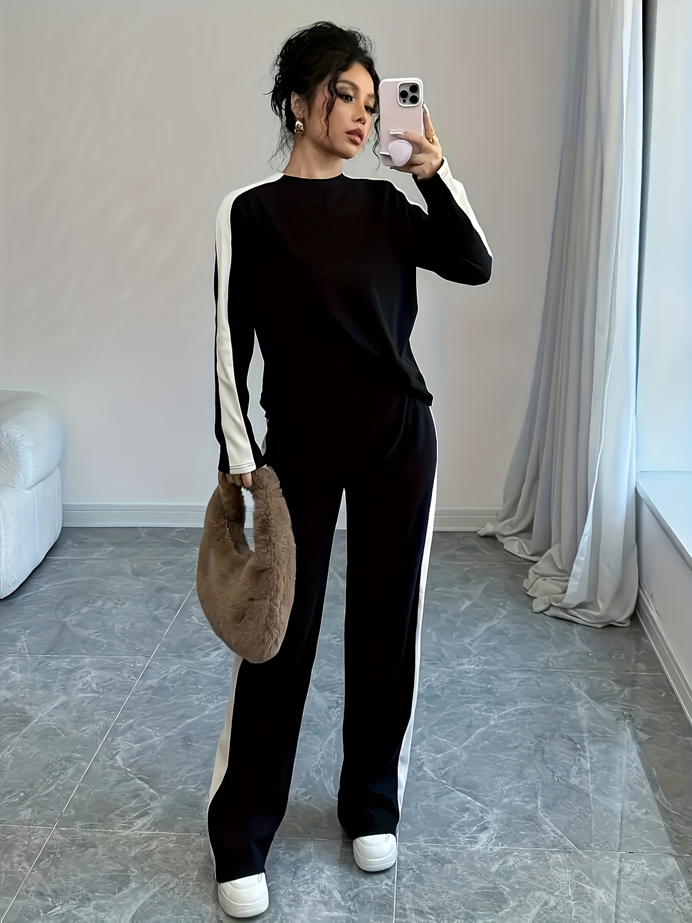 طقم نسائي كاجوال قطعتين بألوان متباينة - بلونين متباينين، بلوزة بأكمام طويلة وجيوب، بنطلون واسع الساق، طقم مريح للربيع/الخريف، ملابس كاجوال | تصميم بألوان متباينة | تصميم، بنطلون نسائي