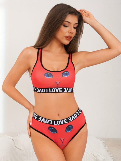 ⁦مجموعة ملابس داخلية لطيفة للنساء - طباعة حروف "LOVE"، حمالة صدر وسراويل داخلية وردية بتصميم وجه قطة لطيف، ارتفاع متوسط، بدون حزام، دعم متوسط، مقاس للبالغين، مجموعات ملابس داخلية | طباعة لطيفة | حمالة صدر بدون حمالات⁩ - الصورة ⁦4⁩