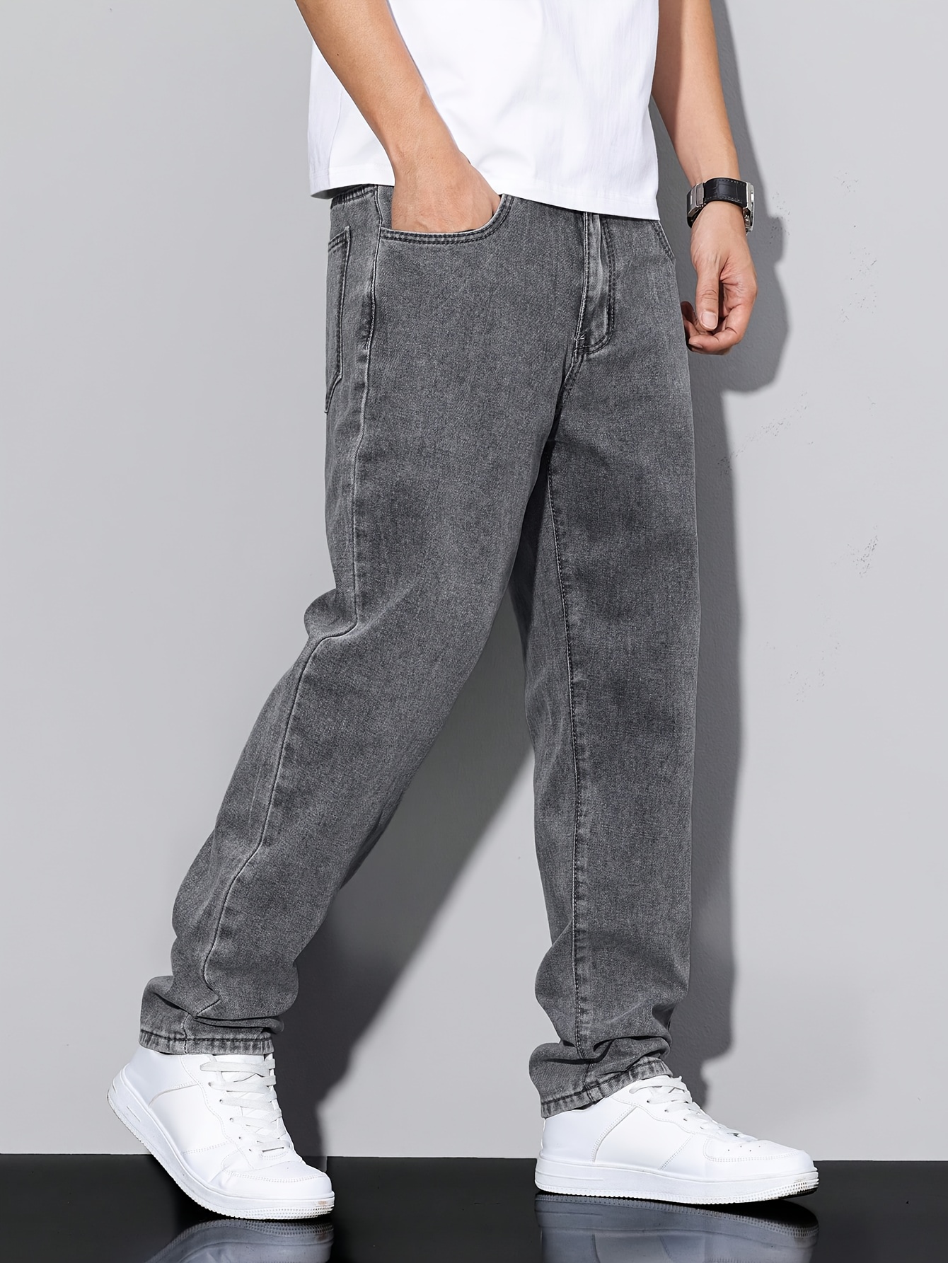 جينز رجالي ضيق بقصة مريحة وقابل للتمدد، مصنوع من الجينز الصناعي - خصر متوسط، لون رمادي سادة، مريح ومتعدد الاستخدامات للملابس الكاجوال، ضروري لجميع الفصول، جينز كاجوال | جينز ضيق | جينز صناعي قابل للتمدد، بنطلونات/جينز صناعي للرجال، جينز رجالي بخصر مرن، بنطلونات جينز ضيقة للرجال