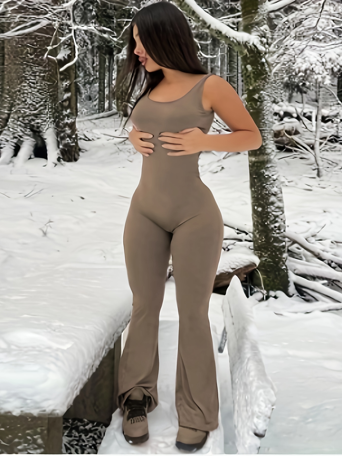 بدلة جسم مثيرة بدون ظهر مع شق عالي - بني، بأكمام طويلة، بدون أكمام، نسيج مطاطي، مثالية للأناقة البالغة، موضة الشتاء | بدلة جسم بدون ظهر | نسيج مطاطي - الصورة 4