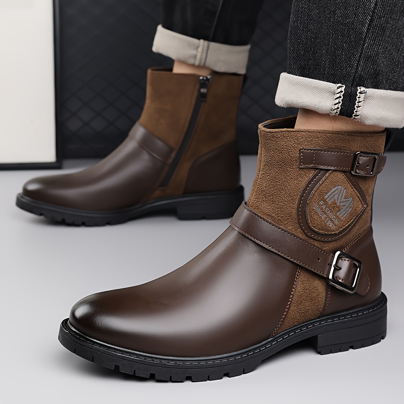 أحذية رجالية أنيقة متوسطة الساق - بني، مريحة ومتينة مع نعل مطاطي مانع للانزلاق، مقدمة مستديرة، إغلاق بسحاب، مثالية للارتداء اليومي والخارجي، للاستخدام في جميع الفصول، أحذية كاجوال | أحذية متوسطة الساق أنيقة | نعل مطاطي متين، حذاء رجالي
