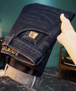 بنطلون جينز رجالي ضيق مستقيم الساق - بنطلون مغسول متين بجيوب وحلقات حزام، مناسب لجميع الفصول للأناقة العملية والكاجوال، بنطلون أزرق كلاسيكي (قابل للغسيل بالماكينة) للمناسبات الاجتماعية أو اليومية