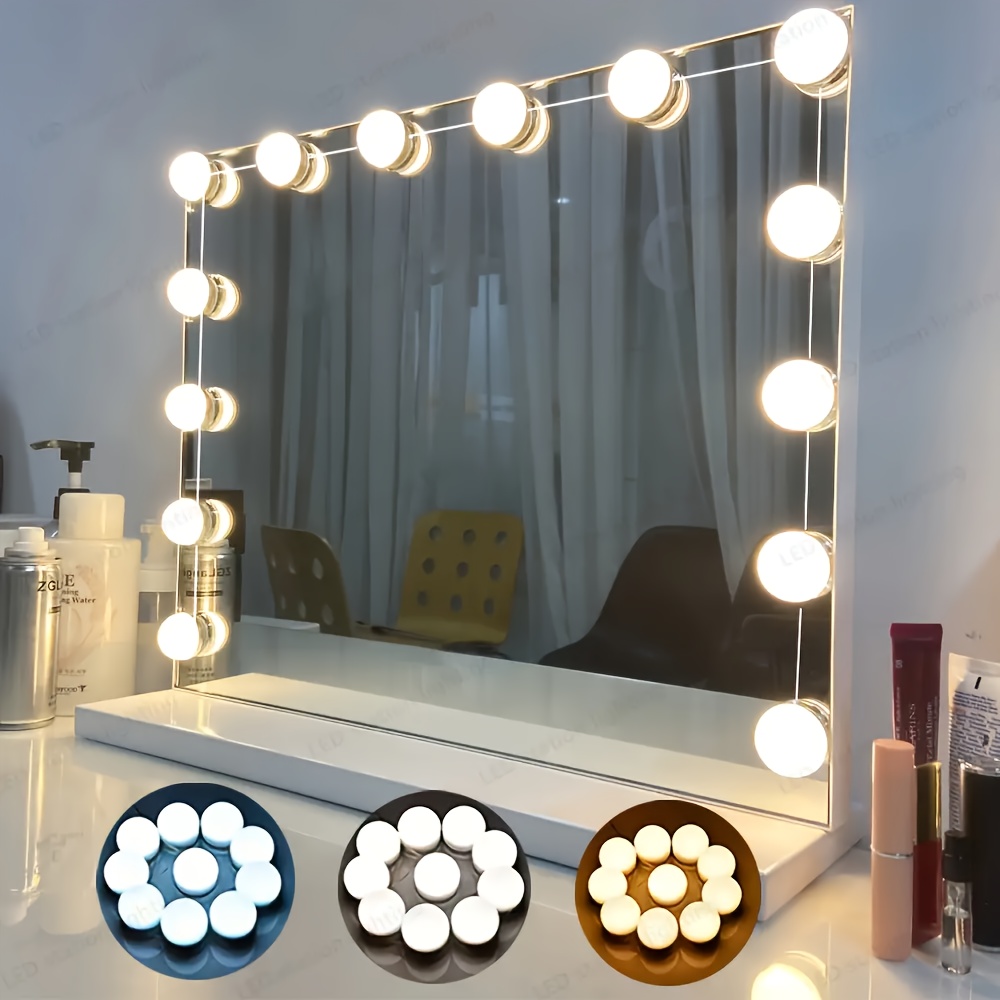 مصباح تجميل LED للمرايا، مع 10 مصابيح قابلة للتعديل، 3000K 4000K 6500K و 10 مستويات لتعديل السطوع، كابل USB، ضوء مرآة هوليوود جيد لغرفة تغيير المكياج والحمام، ضوء حمام، ضوء مرآة للمكياج، ضوء تجميل، مرآة LED، ضوء طاولة الزينة، ضوء مرآة LED، ضوء حائط