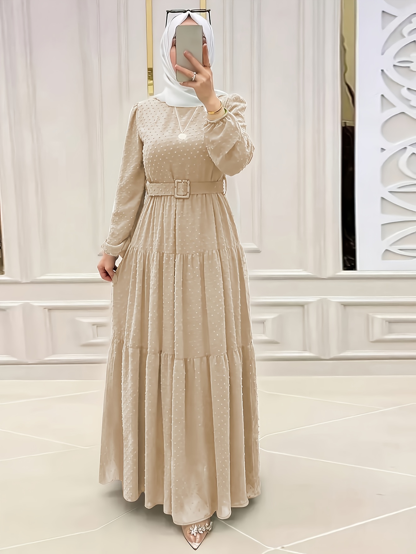 فستان شيفون أنيق بأكمام طويلة مع خصر برباط وحزام للنساء - وردي، حافة مكشكشة، رقبة طاقمية، خطأ الشكل، مثالي للأوقات العارضة أو الرسمية، ملابس كاجوال شيك | خطأ الشكل | نسيج الشيفون