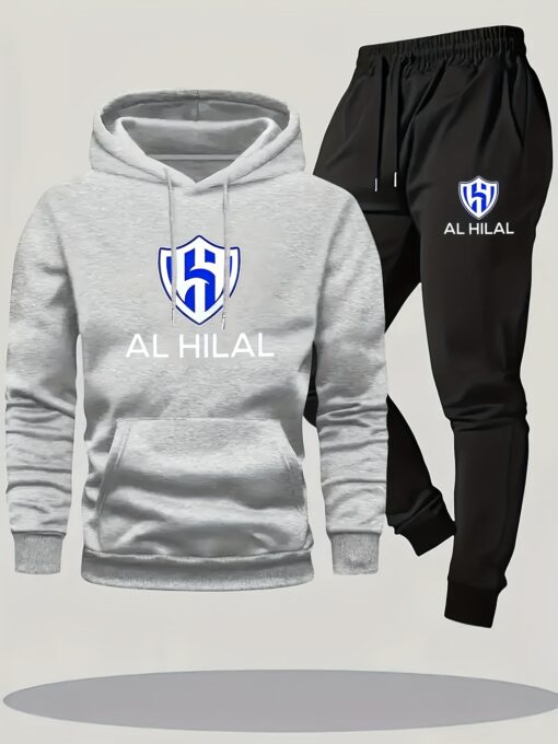 ⁦طقم رجالي بغطاء للرأس وسويت شيرت وبنطلون رياضي - طقم كاجوال رياضي بتصميم "AL HILAL"، وقصة عادية، ومجموعة الربيع/الخريف، ومريح وأنيق، |طقم كاجوال رياضي|طقم سويت شيرت وبنطلون رياضي⁩ - الصورة ⁦2⁩