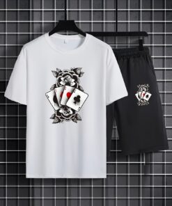 Poker and Rose Print, Men'S 2pcs Set, Comfortable Short Sleeve T-Shirt and Casual Drawstring Shorts Outfit for Summer Outings