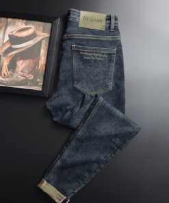 بنطلون جينز رجالي مطاطي - ساق مستقيمة وخصر متوسط (بدون حزام) مع إغلاق سحاب مدمج، نسيج غسيل قوي، مناسب لجميع الفصول للارتداء الكاجوال والرسمي - بنطلون جينز أزرق ضيق