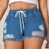شورت نسائي عالي الخصر مطاطي - حافة ممزقة وممزقات على الركبة - جينز قصير متوسط الارتفاع بعلامة 'Waistband' بيضاء (شورت صيفي عادي) - جينز مطاطي قابل للغسل في الغسالة بدون أومبري للشاطئ والملابس العادية
